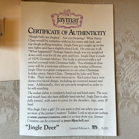 Jaymar Creations handmade Jingle Bear “Jingle Deer” 100% German mohair - Picture 3 of 11